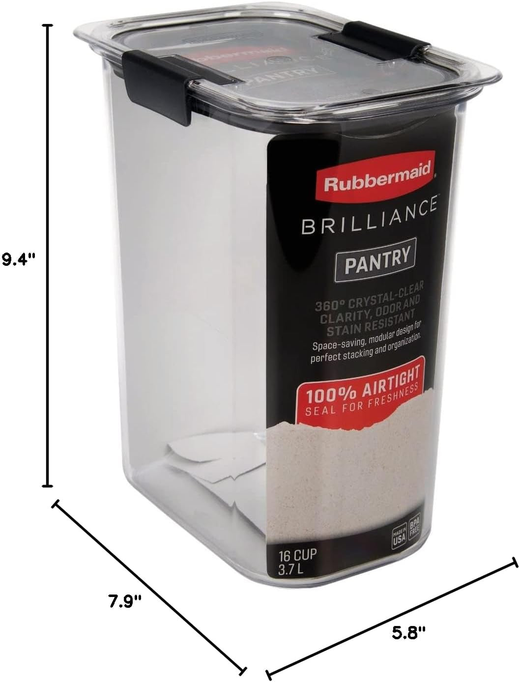 Rubbermaid Brilliance 16-Cup Airtight Food Storage Container with Lid Clear/Grey - Optimal for Pantry Organization Flour Sugar and Food Storage
