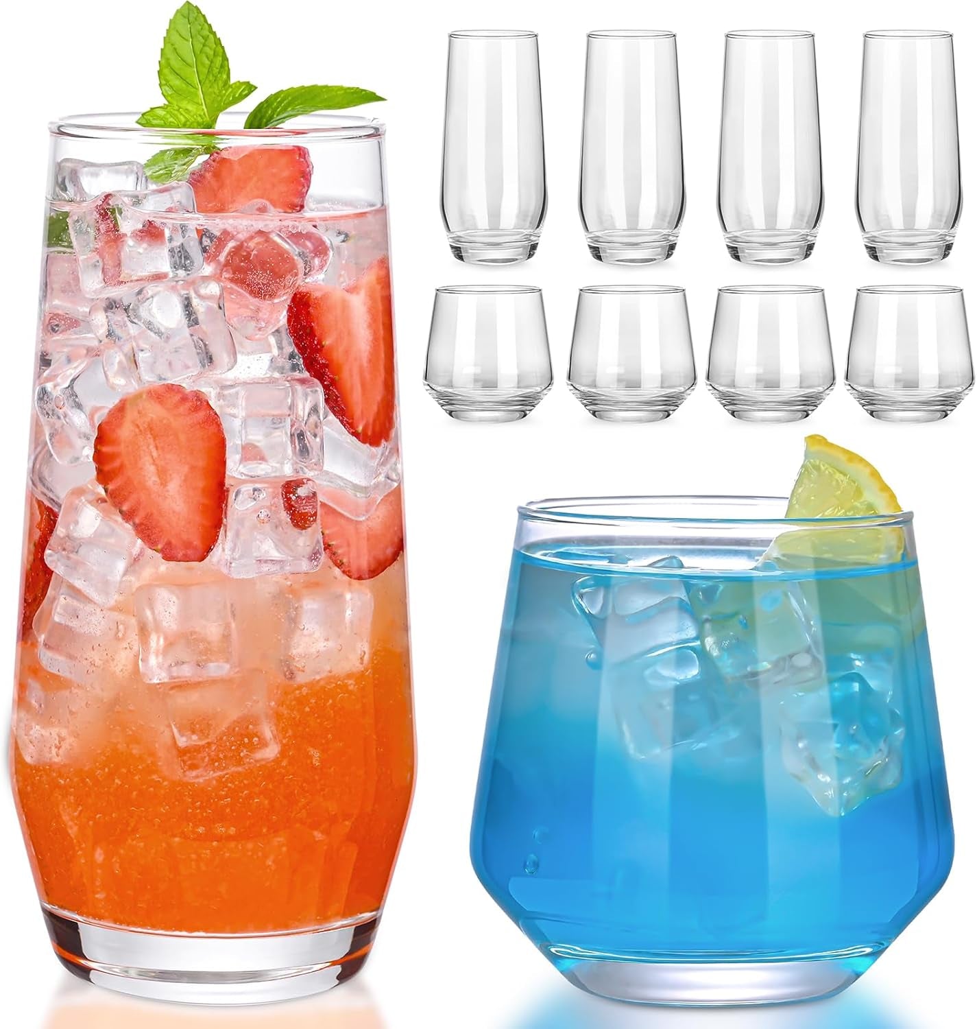 Drinking Glasses Set of 8,Clear 13 Oz & 18Oz Crystal Glass Cups,Drinkware Glassware,Highball Water Tumbler,Short Stemless Wine Glasses，For Beer,Cocktail,Whiskey,Juice and Various Mixed Drinks