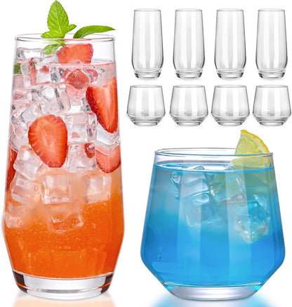 Drinking Glasses Set of 8,Clear 13 Oz & 18Oz Crystal Glass Cups,Drinkware Glassware,Highball Water Tumbler,Short Stemless Wine Glasses，For Beer,Cocktail,Whiskey,Juice and Various Mixed Drinks
