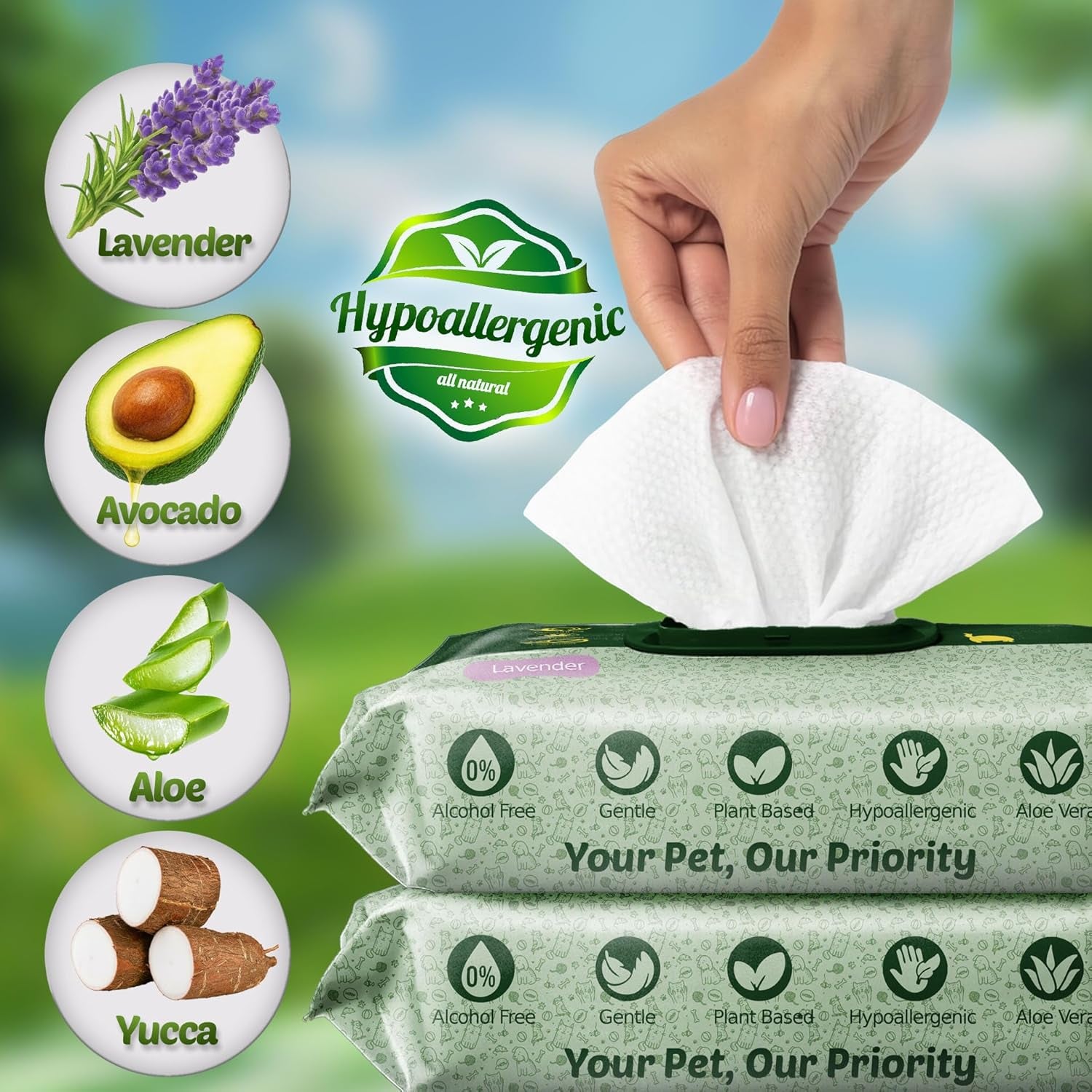 Pet Wipes for Dogs and Cats – 400 Count (8X8In) Hypoallergenic, Deodorizing Dog Wipes for Paws, Ears and Butt | XL with Aloe & Coconut Oil, Lavender Scented | Includes 4 Grooming Glove Wipes