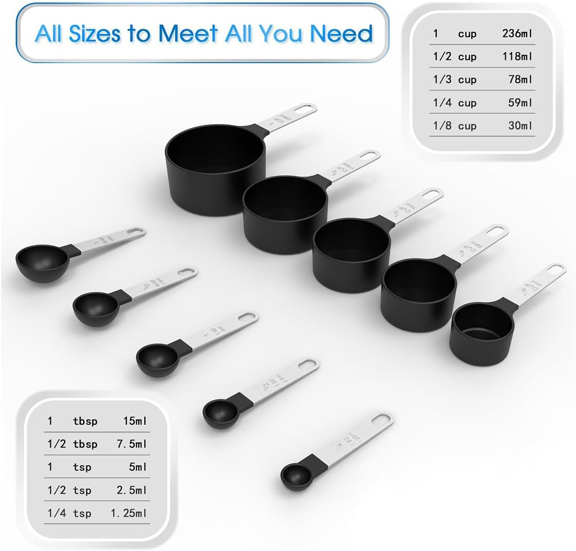 10Pcs Measuring Cups & Spoons Set, Stackable Cups and Spoons, Nesting Measure Cups with Stainless Steel Handle, Kitchen Gadgets for Cooking & Baking (Black)
