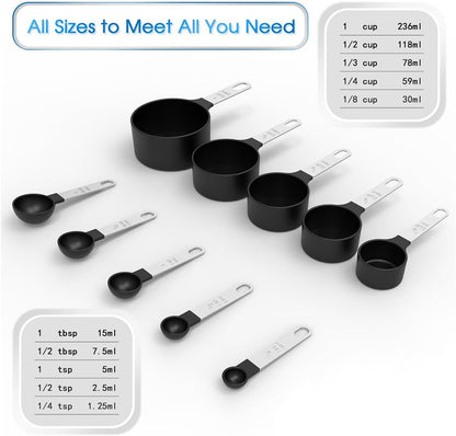 10Pcs Measuring Cups & Spoons Set, Stackable Cups and Spoons, Nesting Measure Cups with Stainless Steel Handle, Kitchen Gadgets for Cooking & Baking (Black)