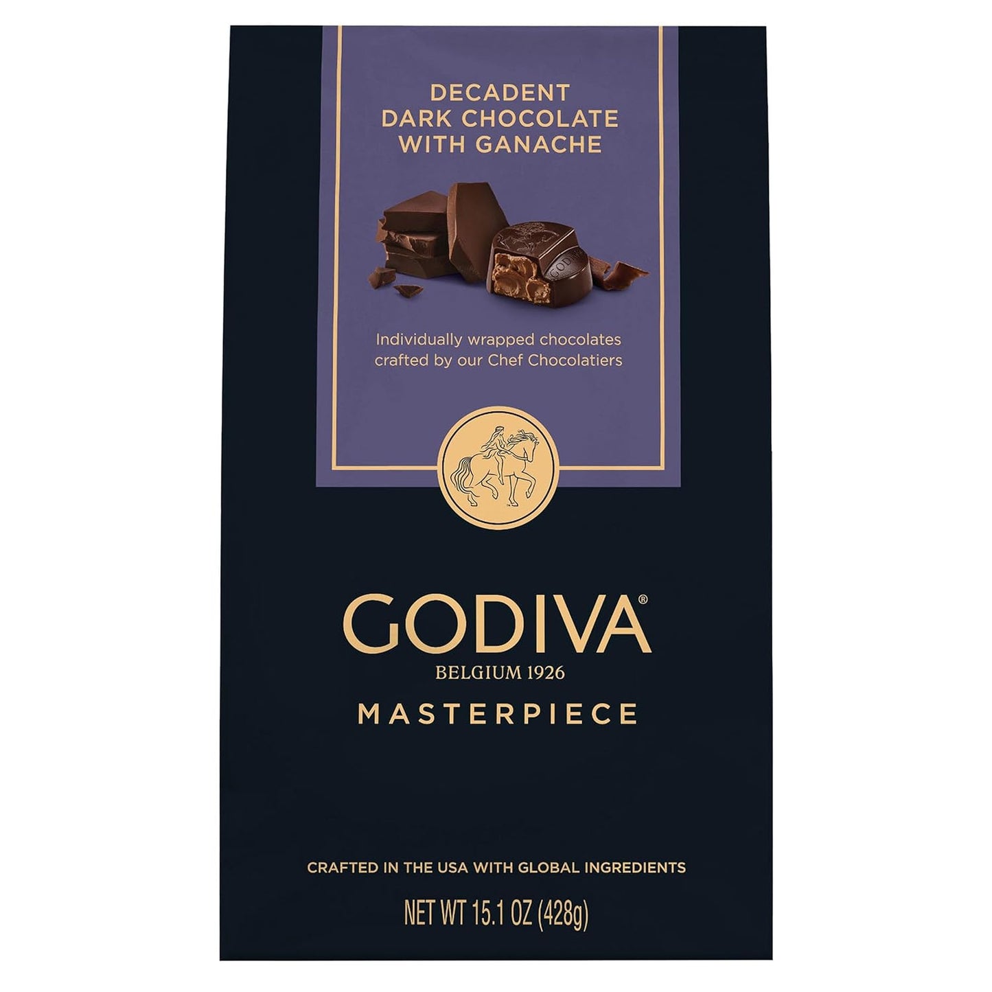 Godiva Masterpiece Dark Chocolate Bag, Individually Wrapped with Ganache Center, Gourmet Gift for Birthday, Holiday, Kosher, Halal, 15Oz