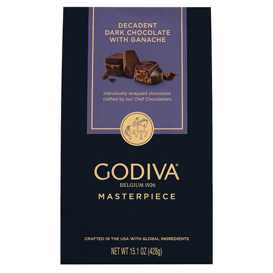 Godiva Masterpiece Dark Chocolate Bag, Individually Wrapped with Ganache Center, Gourmet Gift for Birthday, Holiday, Kosher, Halal, 15Oz