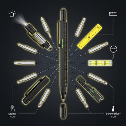 Multi-Tool Pen Set, 2 Pack 10-In-1 Tech Gadget with LED Light, Screwdriver Bits, Bubble Level, Ruler, Stylus, Compact EDC Pocket Tools for Men, Handyman