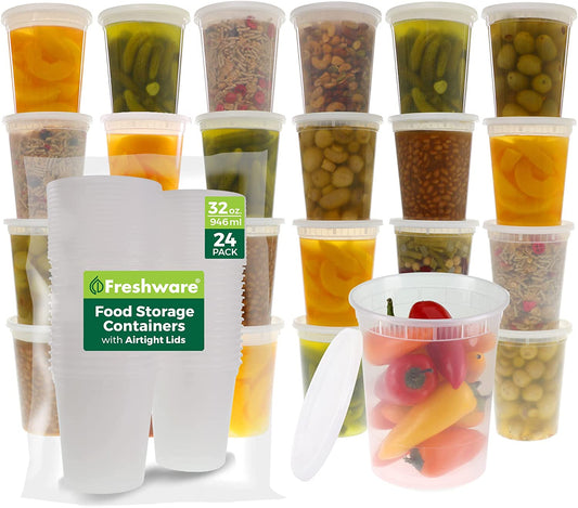 Freshware Food Storage Containers [24 Set] 32 Oz Plastic Deli Containers with Lids, Slime, Soup, Meal Prep Containers, BPA Free, Stackable, Leakproof, Dishwasher and Freezer Safe, Translucent