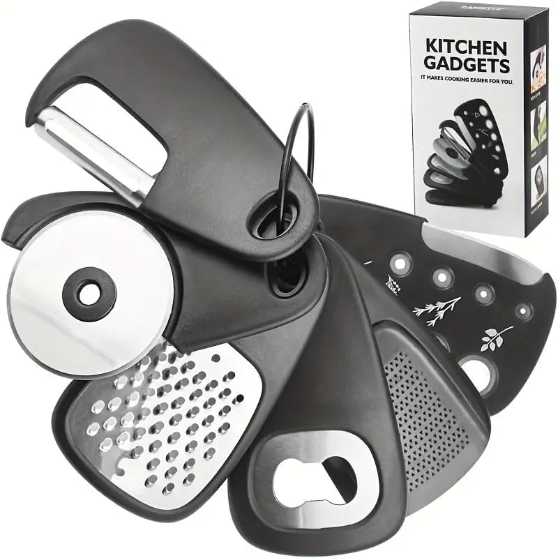 6-Piece Stainless Steel Kitchen Gadget Set, Portable Utensil Accessories for RV Camping & Outdoor,Stackable with Pizza, Fruit, Herb Stripper Bottle Opener, Grinder, Cheese Grater-No Electricity Needed