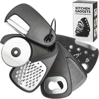 6-Piece Stainless Steel Kitchen Gadget Set, Portable Utensil Accessories for RV Camping & Outdoor,Stackable with Pizza, Fruit, Herb Stripper Bottle Opener, Grinder, Cheese Grater-No Electricity Needed