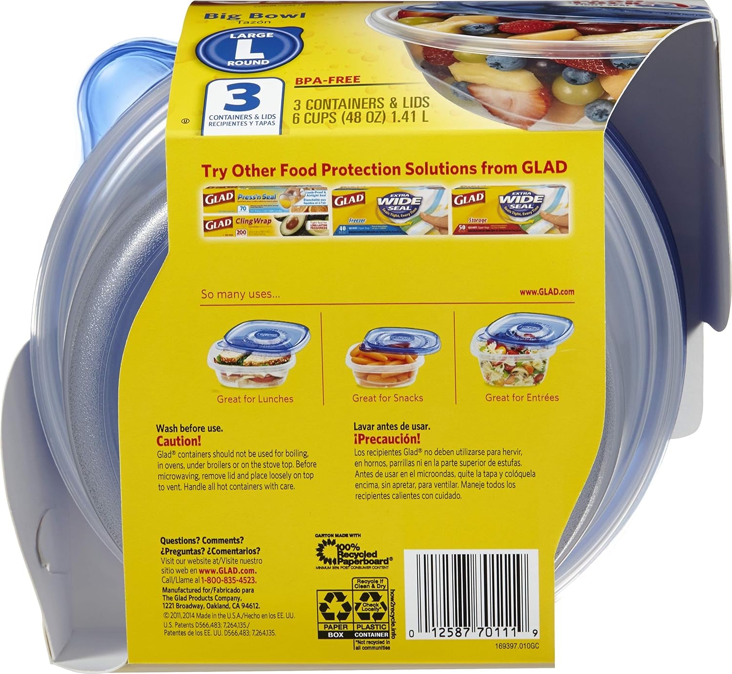 ware Big Bowl Food Storage Containers with Lids, Large round No BPA Plastic Containers for Soups, Salads, and Meal Prep, Lock Tight Seal, Microwave Dishwasher Safe, 48 Oz, 3 Count