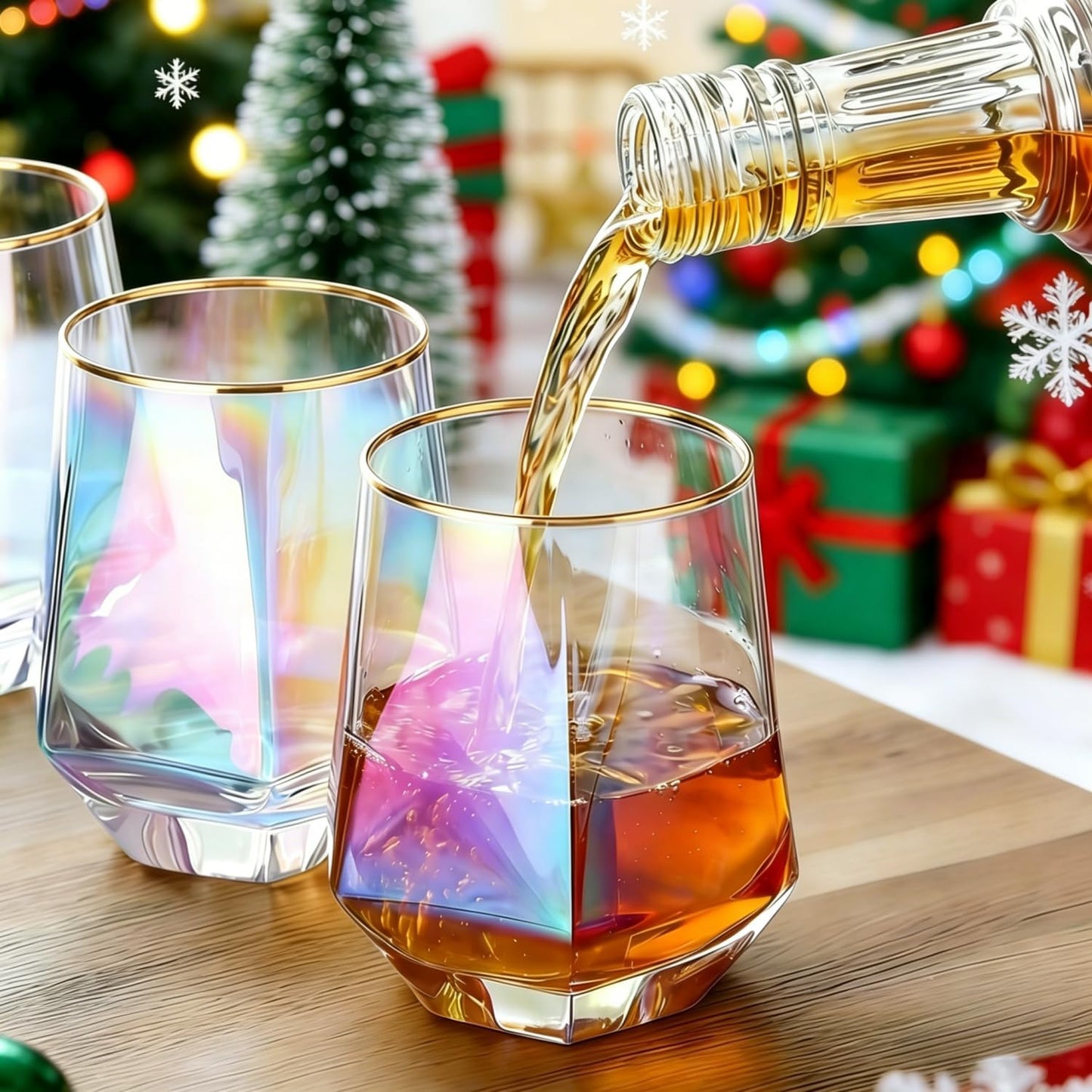 Stemless Wine Glasses Set of 4,10Oz Iridescent Glassware,Modern Rainbow Glass Colored Tumblers for Red Wine,Bourbon,Cocktails,Whiskey,Gifts