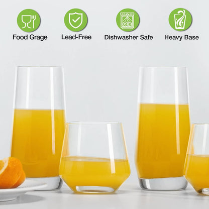 Drinking Glasses Set of 8-4 Tall Glass Cups 18 Oz & 4 Short Stemless Wine Glasses 13 Oz, Highball Glasses, Glassware Sets for Cocktail, Beer, Wine, Whiskey, Water & Juice Drinkware