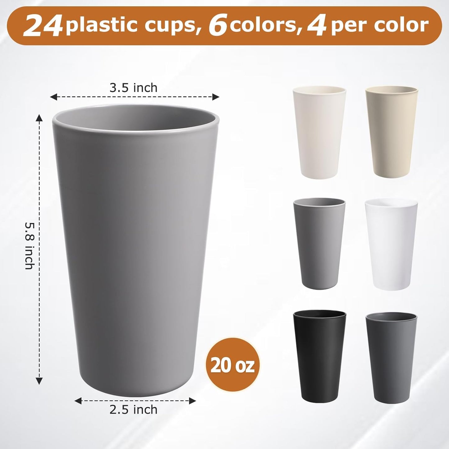 24 Pcs Unbreakable Plastic Cups Set, 20 Oz Reusable Plastic Cups, Stackable Water Tumblers, Drinking Cup for Kitchen, Outdoor, Bpa-Free, Dishwasher Refrigerator and Microwave Safe (20 Oz, 6 Colors)