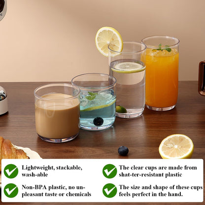 Drinking Glasses Set of 12, PET Clear Plastic Highball Glasses 14Oz & Whisky Cocktail Glasses Set 11.5Oz, Heavy Duty Unbreakable Water Glasses Cup Tumbler Glassware for Beer, Juice, Milk