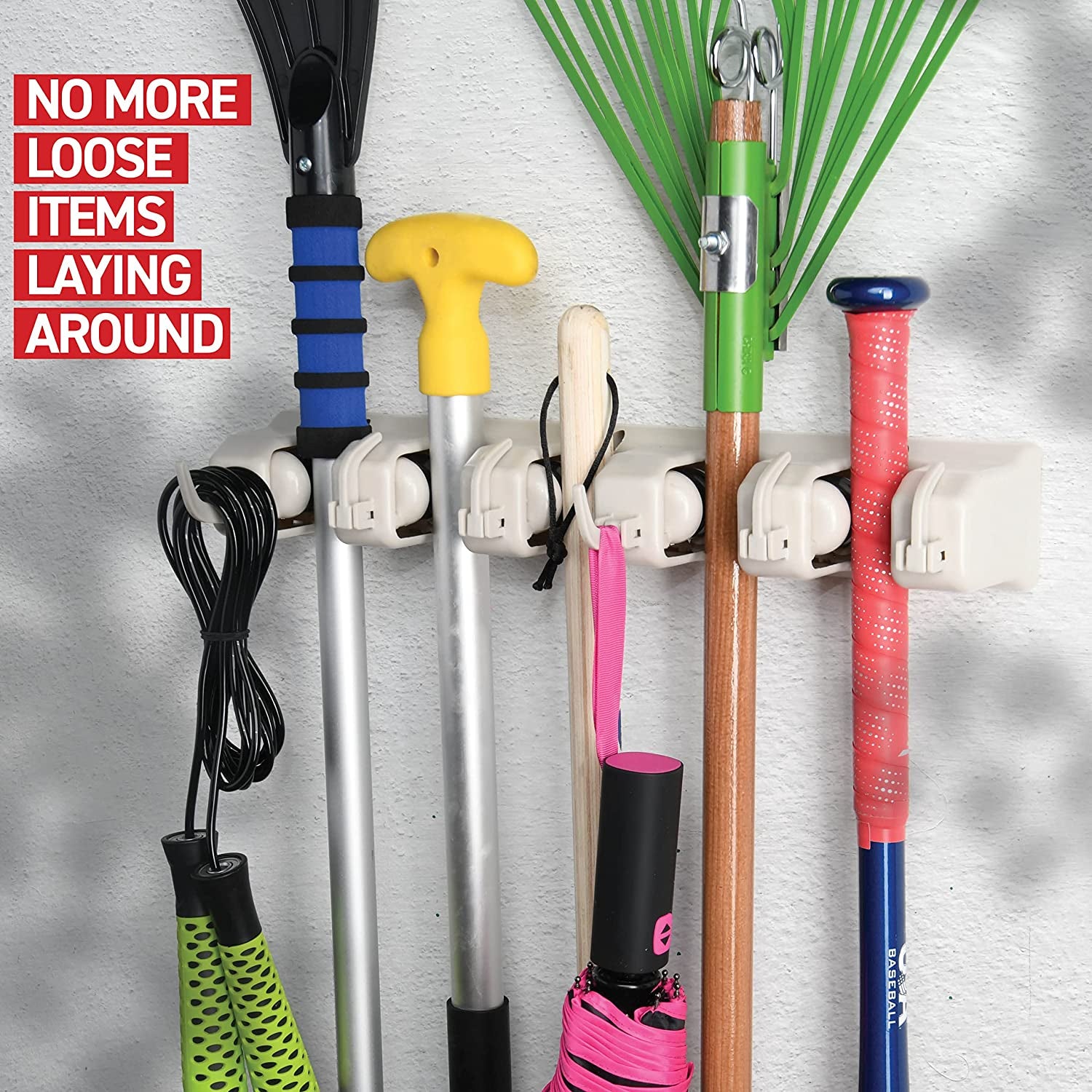 Broom and Mop Holder Wall Mount – Heavy Duty Garage Organizer with 5 Slots & 6 Hooks, 7.5Lbs Capacity per Slot - Easy Install Storage Rack for Home, Kitchen, Laundry Room & Garden - Off-White