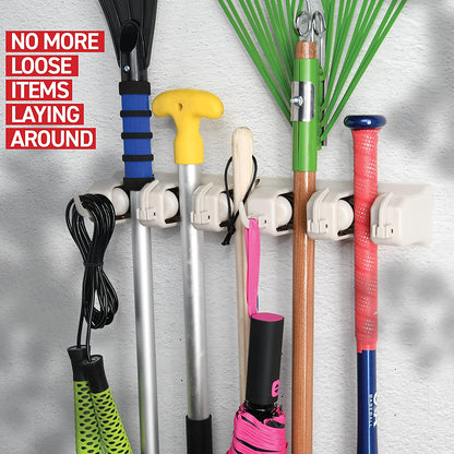 Broom and Mop Holder Wall Mount – Heavy Duty Garage Organizer with 5 Slots & 6 Hooks, 7.5Lbs Capacity per Slot - Easy Install Storage Rack for Home, Kitchen, Laundry Room & Garden - Off-White