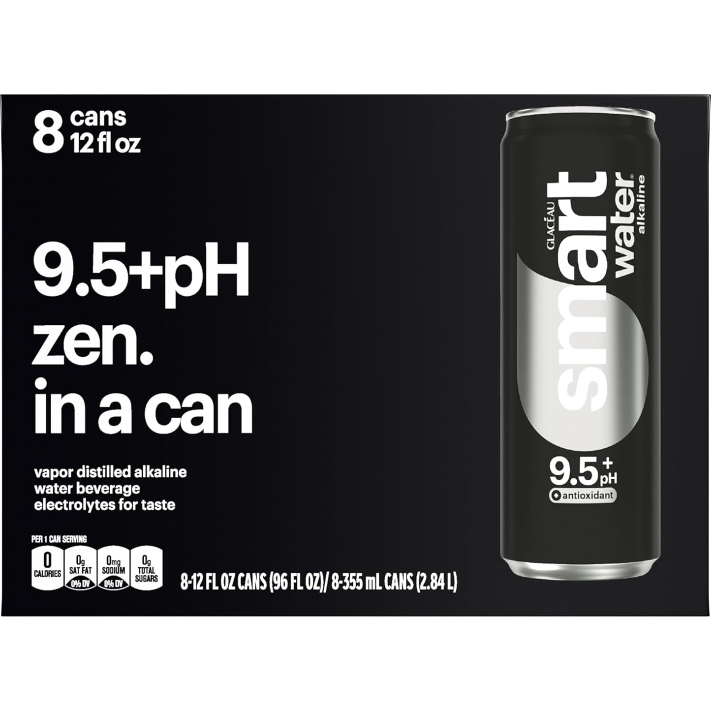 Smartwater Premium Canned Alkaline Water with Antioxidants, 12 Fl. Oz. Sleek Cans, 8-Pack