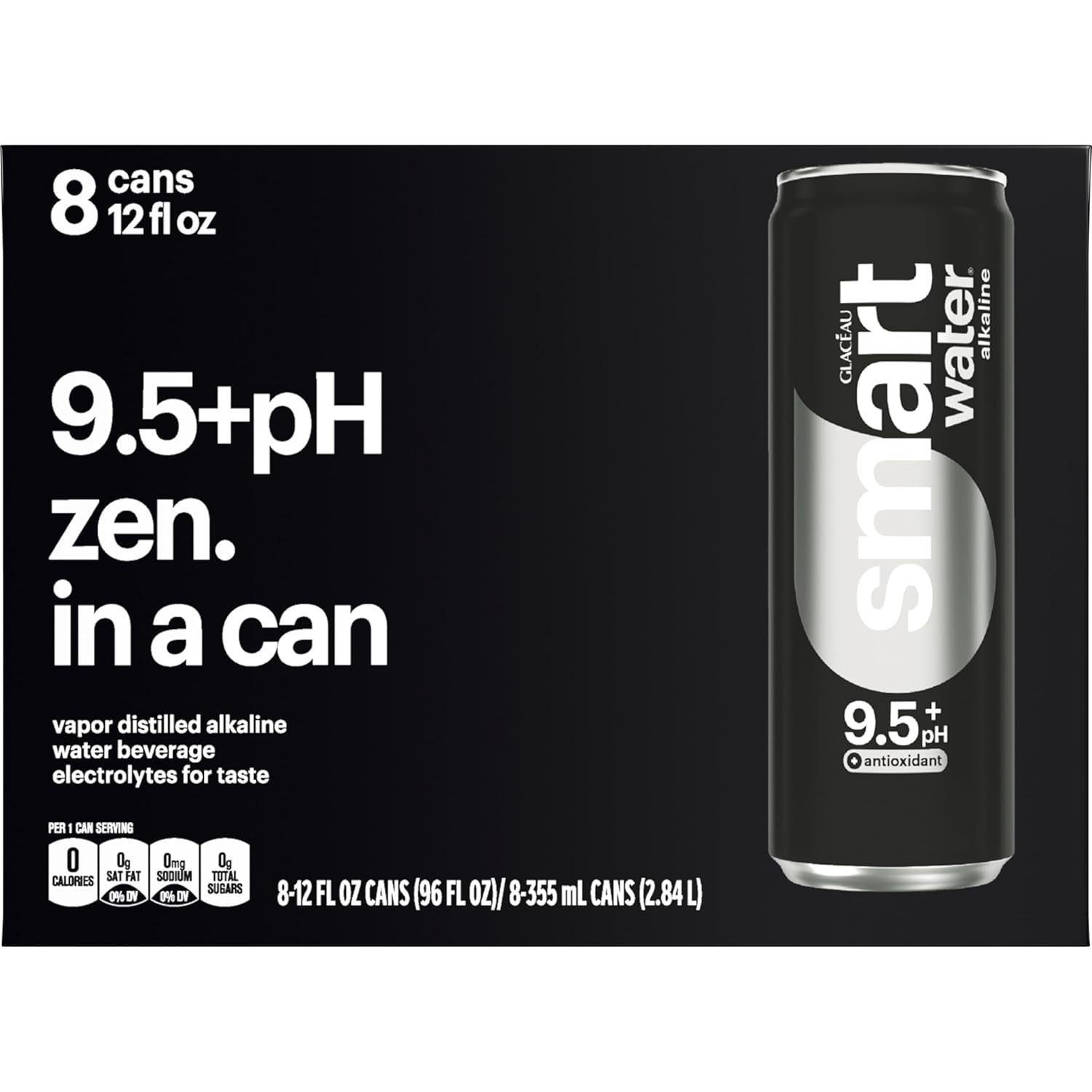 Smartwater Premium Canned Alkaline Water with Antioxidants, 12 Fl. Oz. Sleek Cans, 8-Pack