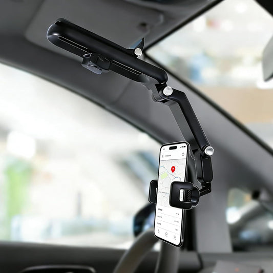 Sun Visor Phone Holder, 360° Rotatable and Extendable Car Phone Holder, 1080 Multifunction Rear View Mirror Mobile Mount Hands-Free，Compatible with Most Smartphones (Grey)