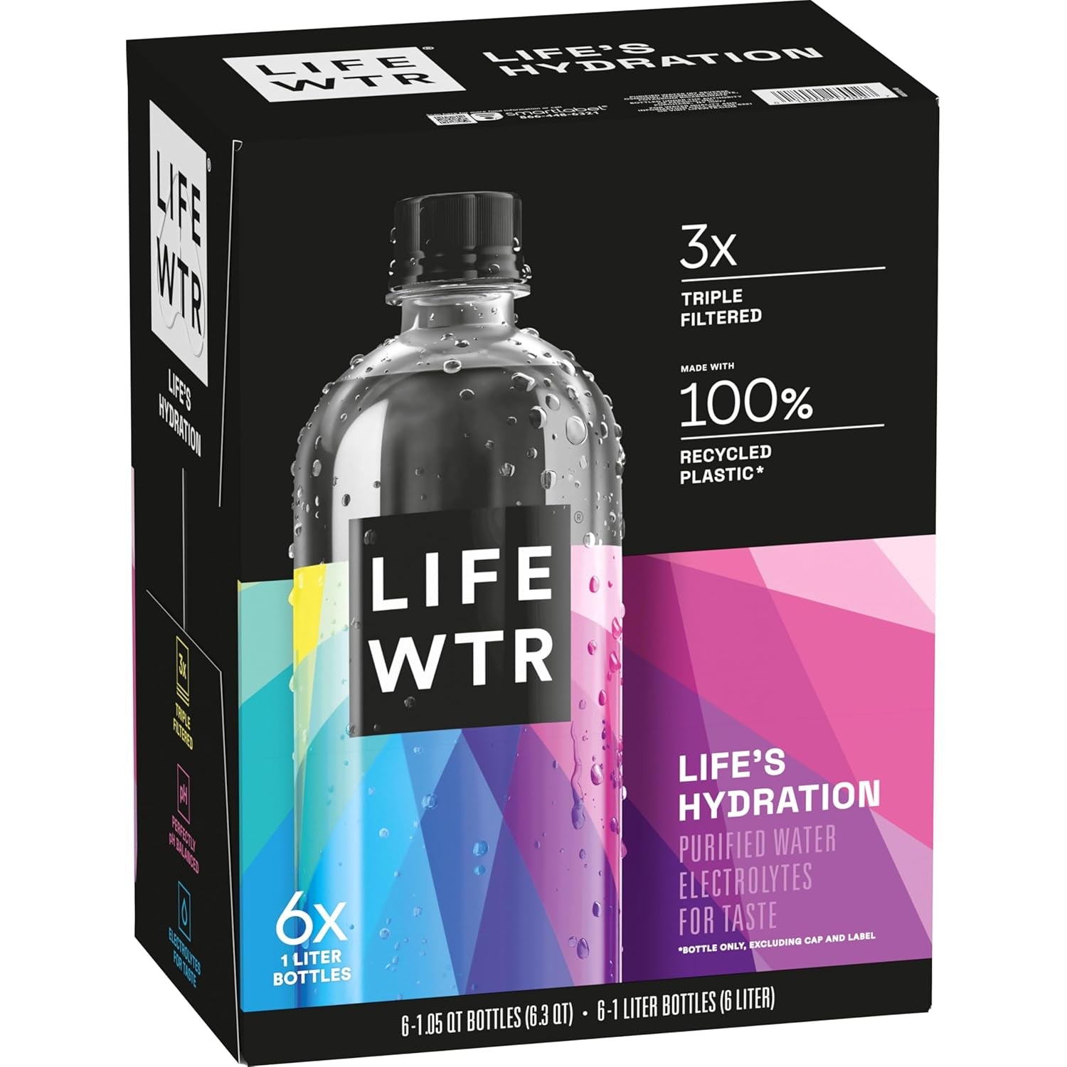 Premium Purified Water, Ph Balanced with Electrolytes, 100% Recycled Plastic Bottles, 33.8 Fl Oz, 1L (Pack of 6)
