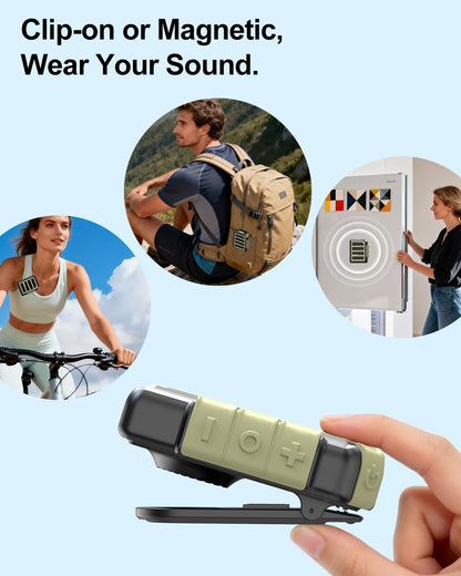 Wearable Bluetooth Speaker Mini Clip on Wireless Speaker, IPX5 Waterproof, 25H Playtime, Built in Mic for Hands Free Calls & Music, Ultra Portable Small Bluetooth Speakers for Outdoor & Jobsite Use