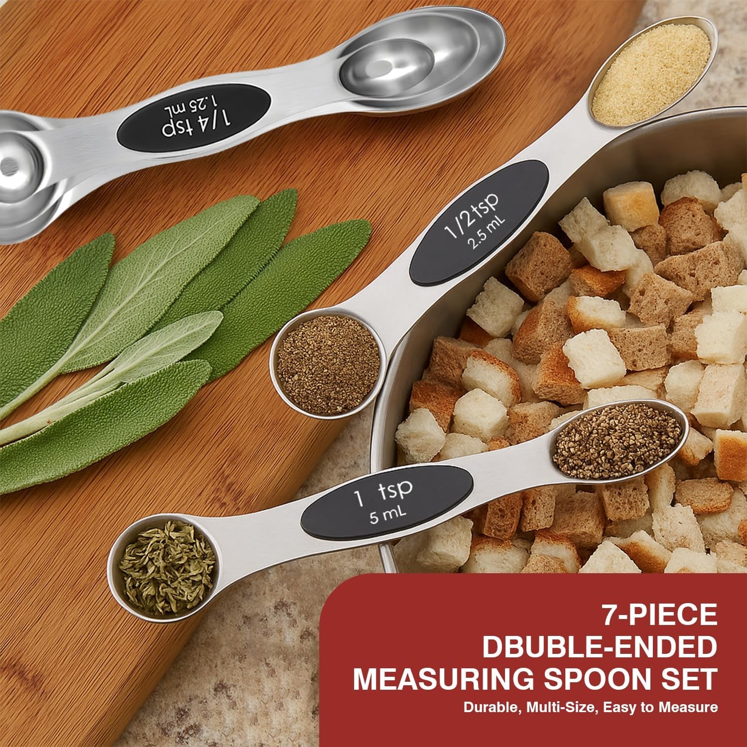 Magnetic Measuring Spoons Set with Strong N45 Magnets, Heavy Duty Stainless Steel Metal, Fits in Most Kitchen Spice Jars for Baking & Cooking, BPA Free, Set of 7 with Leveler, Black