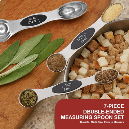 Magnetic Measuring Spoons Set with Strong N45 Magnets, Heavy Duty Stainless Steel Metal, Fits in Most Kitchen Spice Jars for Baking & Cooking, BPA Free, Set of 7 with Leveler, Black