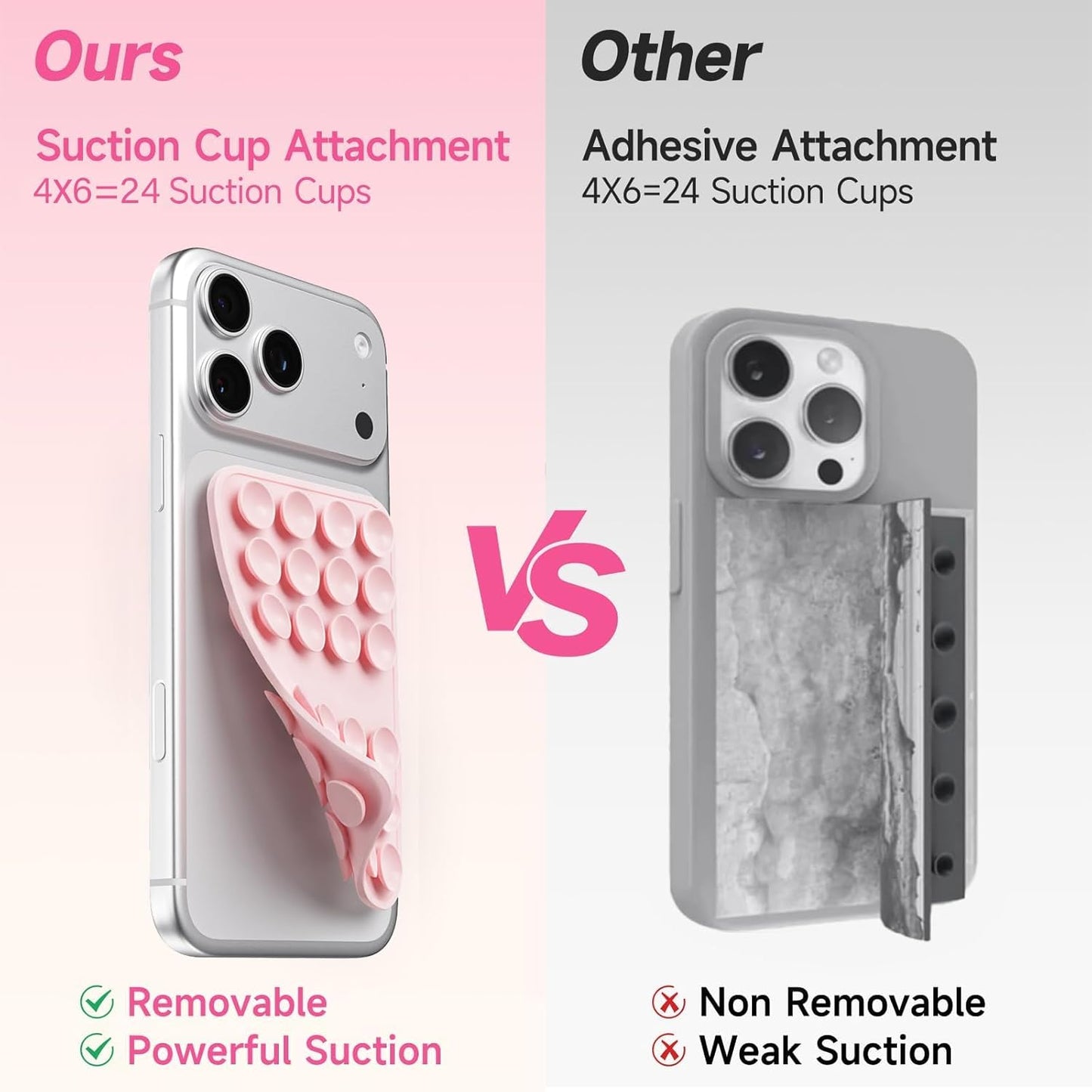 Upgraded Double Sided Silicone Suction Cup Phone Case Mount, Sticky Phone Grip Holder for Hands-Free Selfes & Videos, Reusable Silicone Phone Suction Grip for Iphone & Android, Light Pink