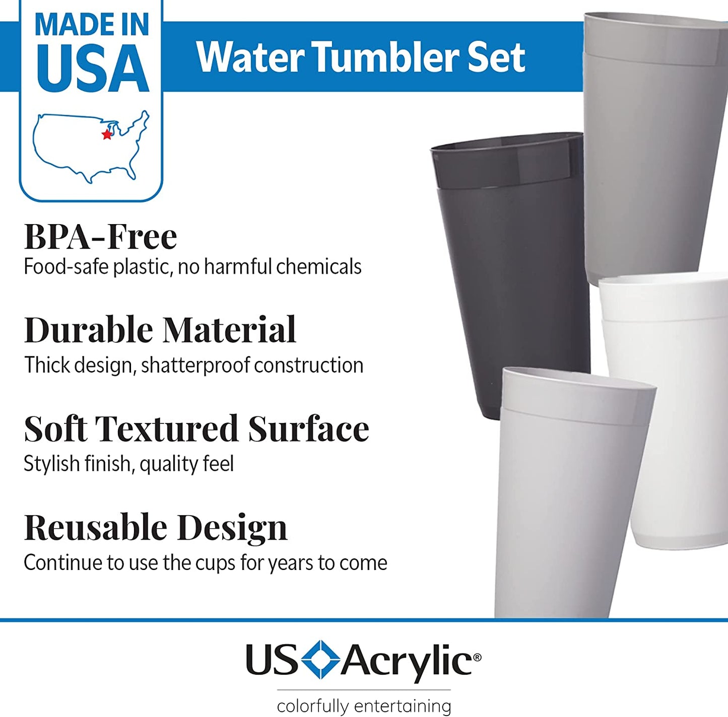 Newport 20 Ounce Unbreakable Plastic Stackable Water Tumblers in Grey Stone | Set of 12 Drinking Cups | Reusable, Bpa-Free, Made in the USA, Top-Rack Dishwasher and Microwave Safe