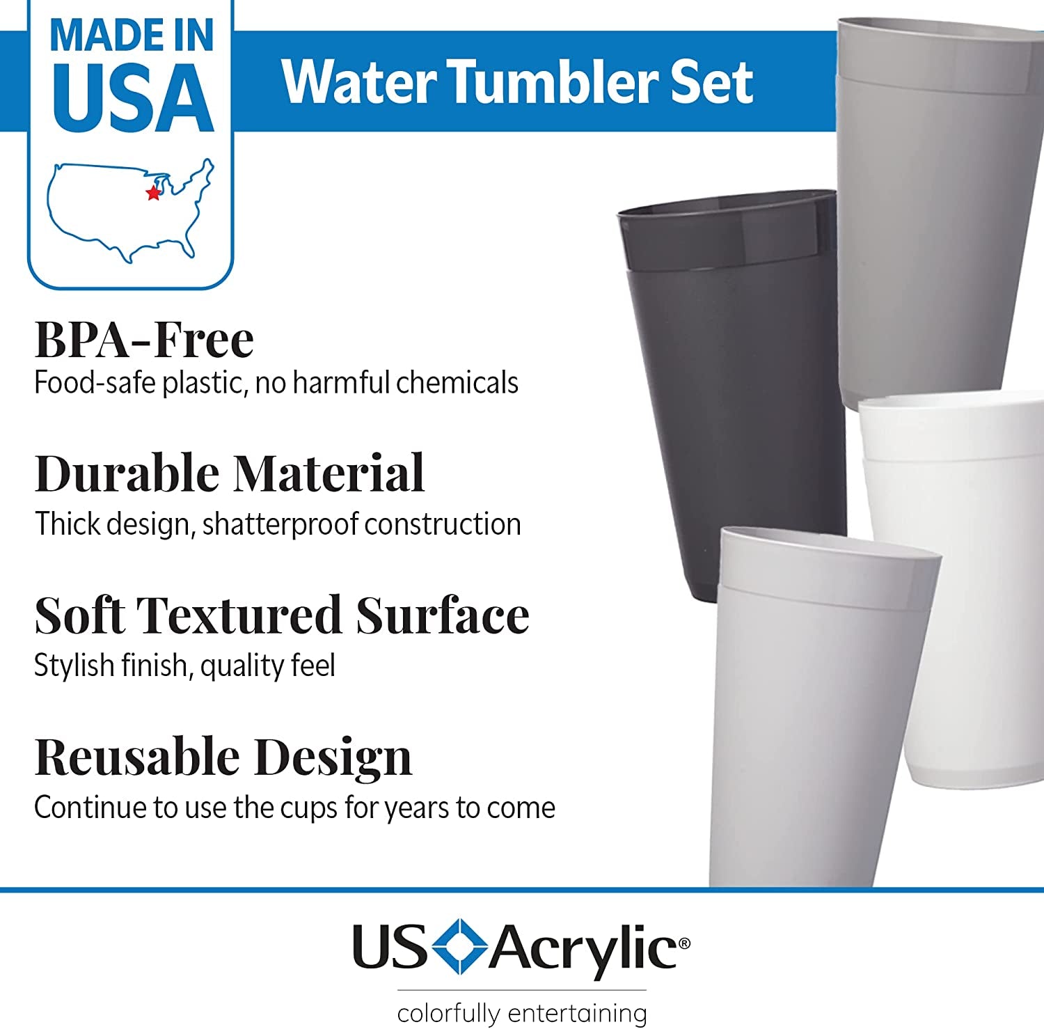 Newport 20 Ounce Unbreakable Plastic Stackable Water Tumblers in Grey Stone | Set of 12 Drinking Cups | Reusable, Bpa-Free, Made in the USA, Top-Rack Dishwasher and Microwave Safe