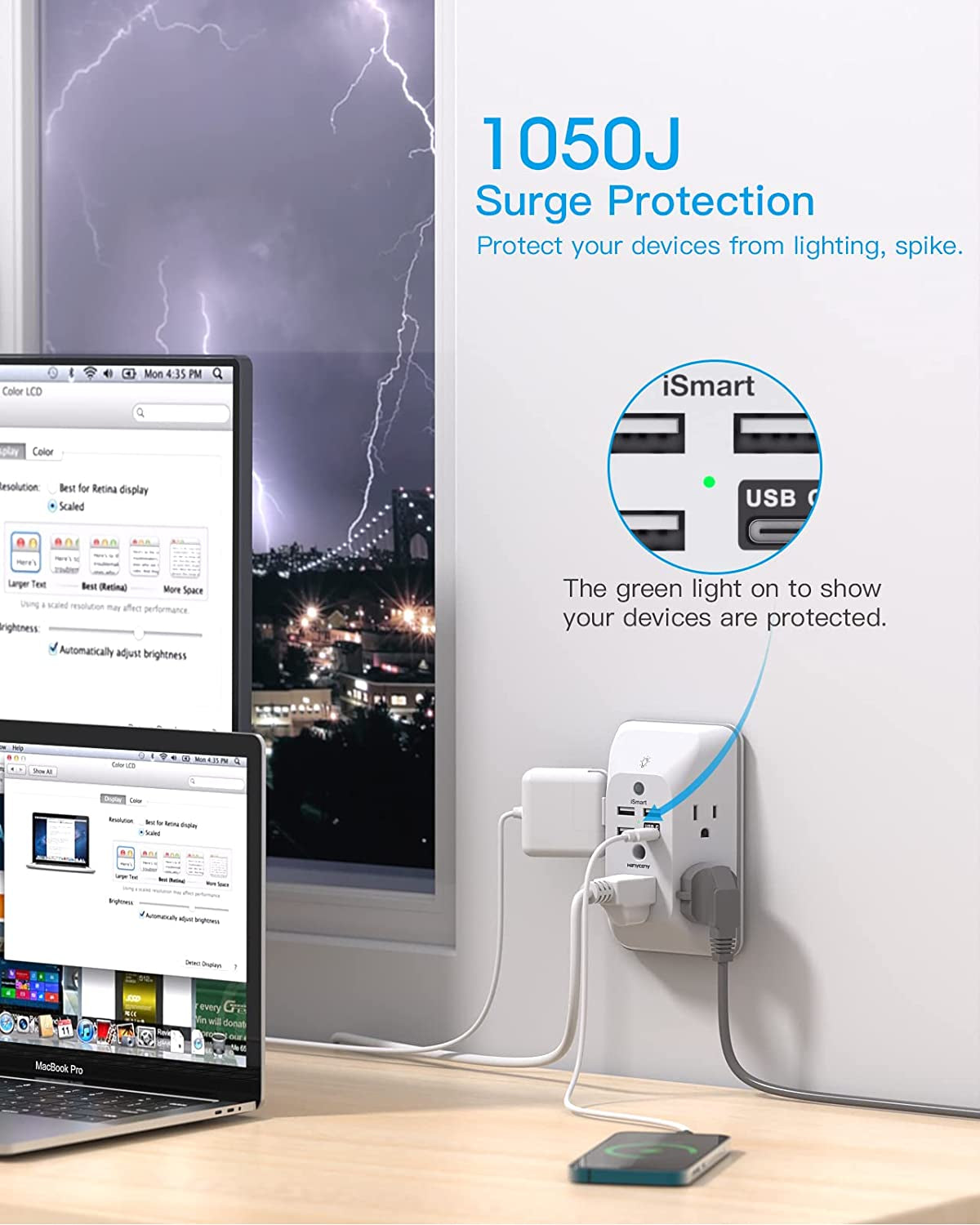 Outlet Extender with Night Light,  Multi Plug Outlet, USB Wall Charger Surge Protector 4 USB Ports(1 USB C), Power Strip Electrical Outlet Splitter Expander for Home Office Dorm Room, ETL