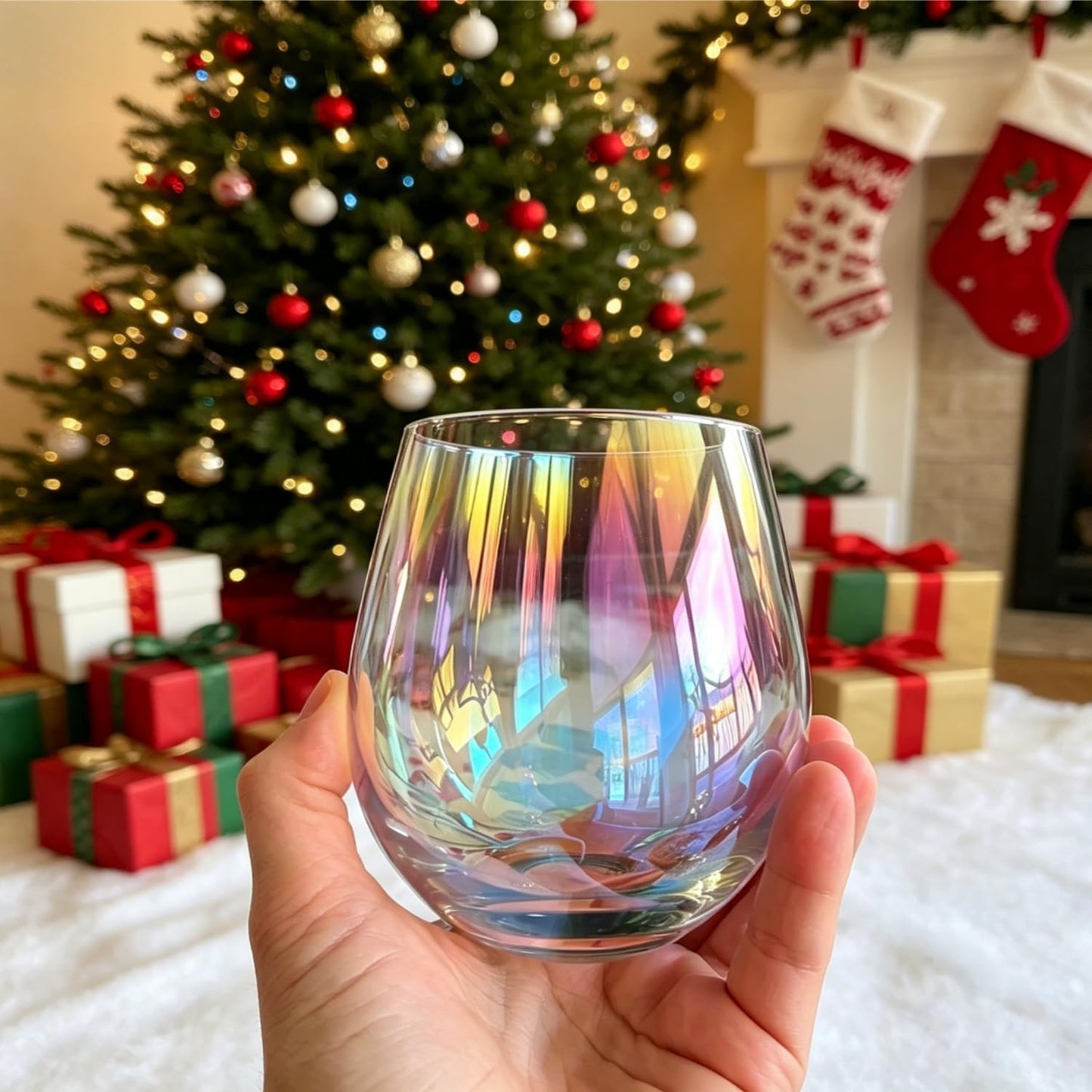 Stemless Red Wine Glasses, 12 Oz.,Iridescent Glassware, Dishwasher-Safe, 4-Piece Set