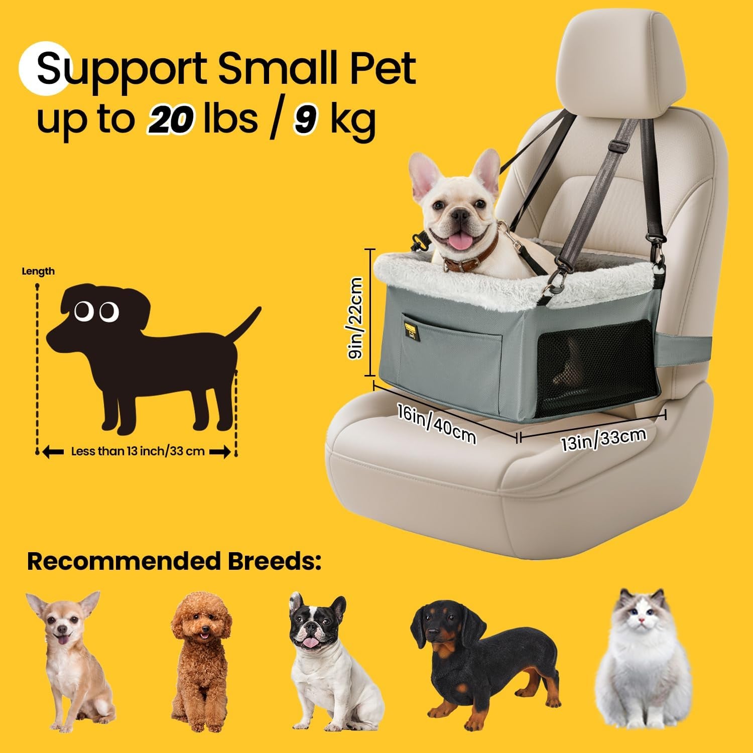Dog Car Seat Booster for Small Pet under 20Lbs, Portable Travel Puppy Car Seat with Internal Steel Frame, Comfort Cushion & Storage Pockets, Adjustable Straps Fit Most Cars, Grey