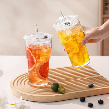 20Oz Glass Tumblers with Straws and Lids, Ribbed Iced Coffee Cups Leak-Proof, Dishwasher Safe, Thickened Glass Cups with Lids Ideal for Coffee and Travel, Clear, 4 Pack