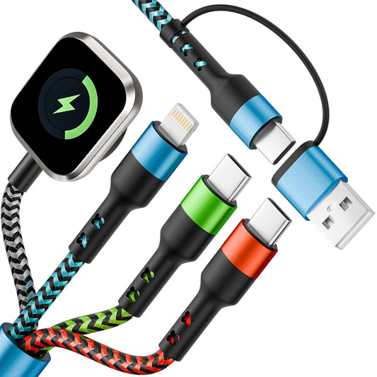 Dual Type C Port Multi Charging Cable Cord for Travel Vacation Essentials, 4 in 2 USB A/Type C/Lightning Cable for Iwatch,Iphone 17-11,Xbox Series X&S,Airpods,Home,Office Car Charger, 5FT