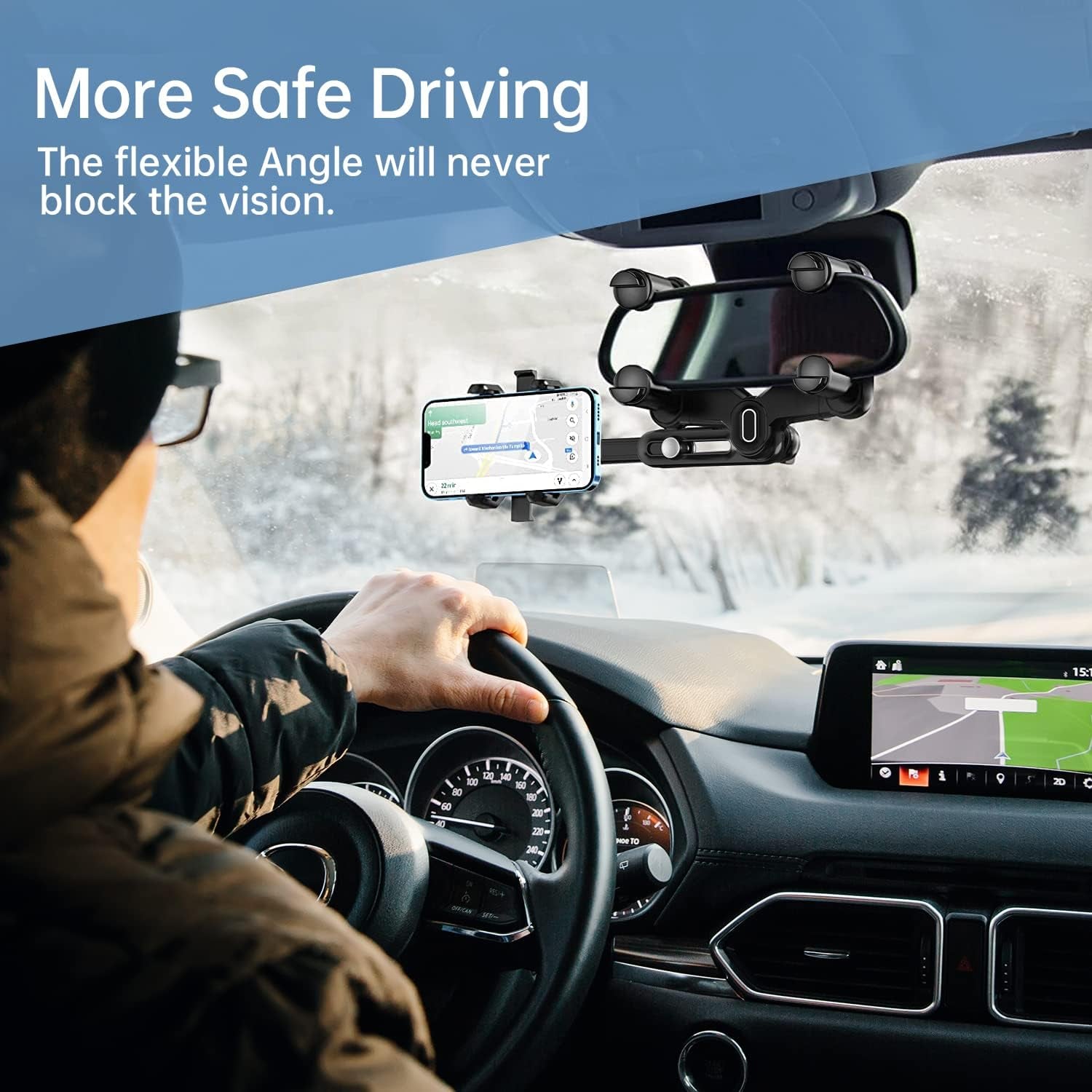 Rearview Mirror Phone Holder for Car,360°Rotatable and Retractable Multifunctional Rear View Mirror Phone Holder,Four Corners Fixed Anti-Shake Design,For All Mobile Phones and All Car