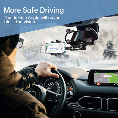 Rearview Mirror Phone Holder for Car,360°Rotatable and Retractable Multifunctional Rear View Mirror Phone Holder,Four Corners Fixed Anti-Shake Design,For All Mobile Phones and All Car