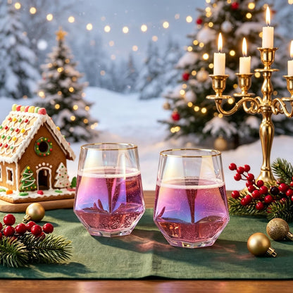 Stemless Wine Glasses Set of 4,10Oz Iridescent Glassware,Modern Rainbow Glass Colored Tumblers for Red Wine,Bourbon,Cocktails,Whiskey,Gifts