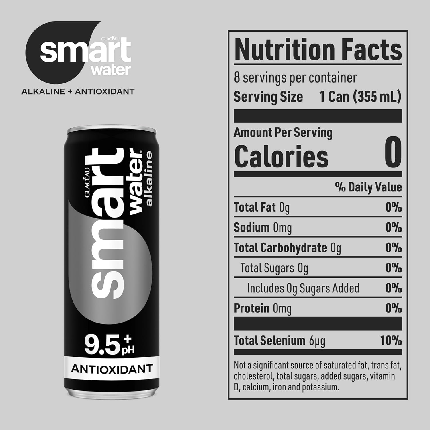 Smartwater Premium Canned Alkaline Water with Antioxidants, 12 Fl. Oz. Sleek Cans, 8-Pack