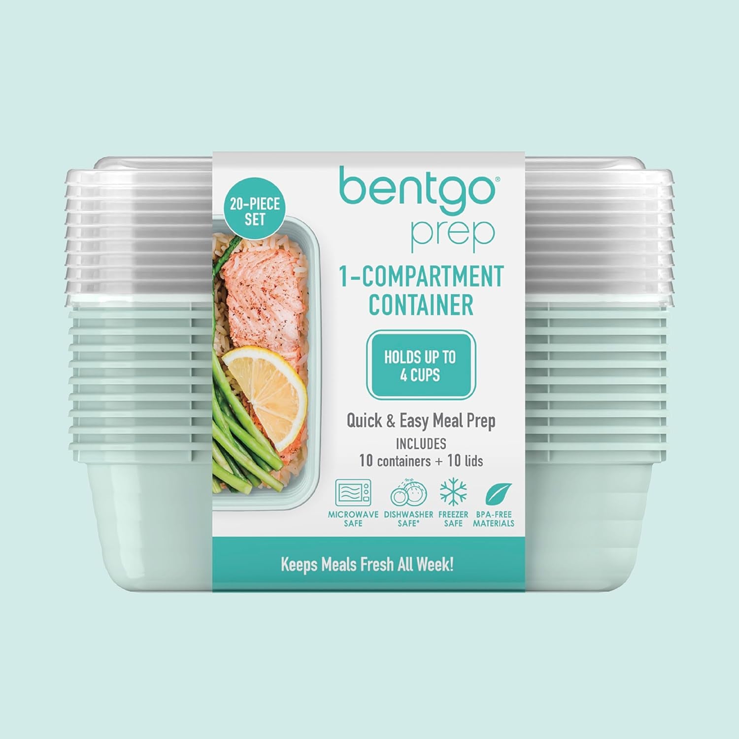 Bentgo Prep - 20-Piece 1-Compartment Reusable Meal Prep Containers with Lids, PFAS & BPA Free Materials, Durable, Microwave, Freezer, & Dishwasher Safe to Go Food Storage (Mint)
