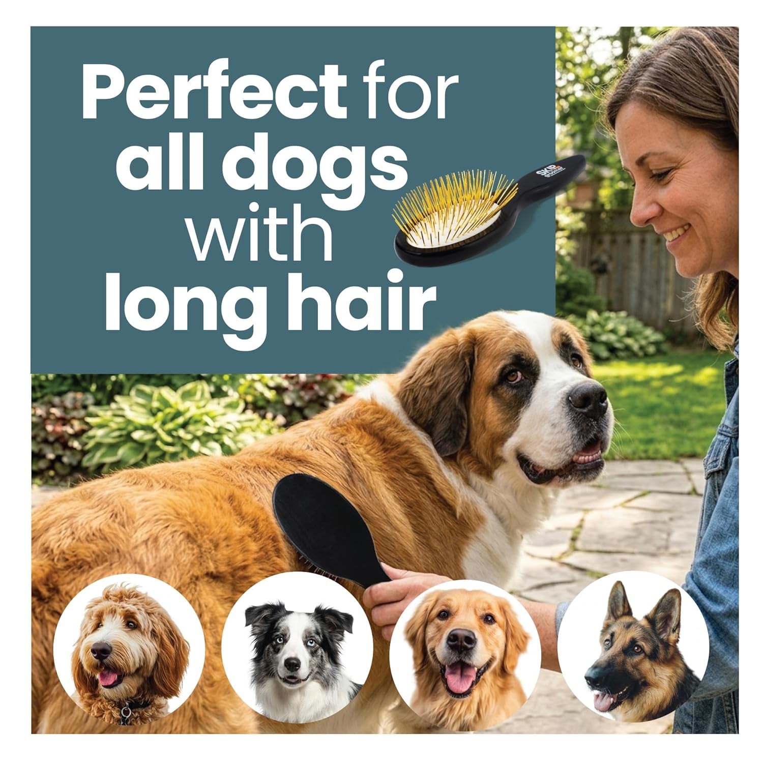 Pin Brush for Dogs, Gentle Dog Brush for Long Haired Dogs – Routine Essential for Goldendoodles, Poodles & Doodles, No-Scratch Rounded Pins for Sensitive Skin, Flexible Cushion Base –