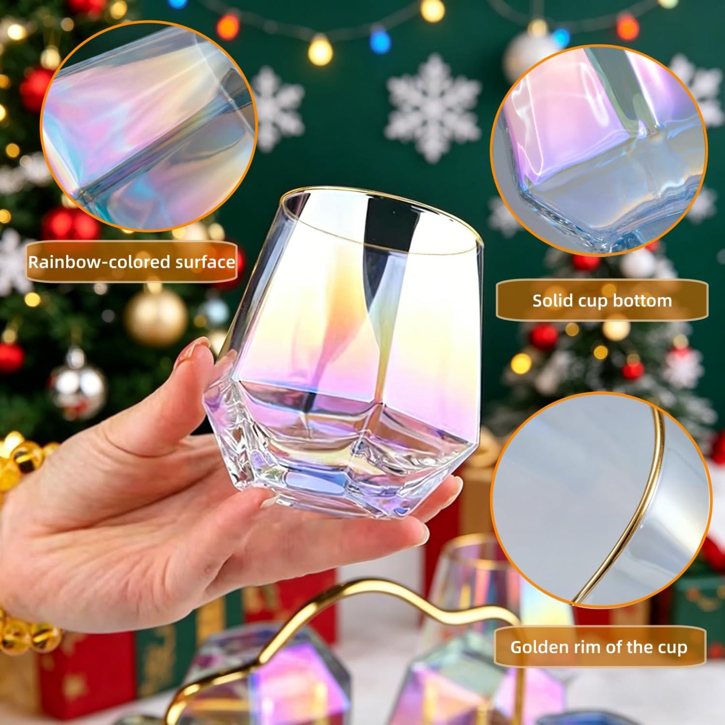 Stemless Wine Glasses Set of 4,10Oz Iridescent Glassware,Modern Rainbow Glass Colored Tumblers for Red Wine,Bourbon,Cocktails,Whiskey,Gifts