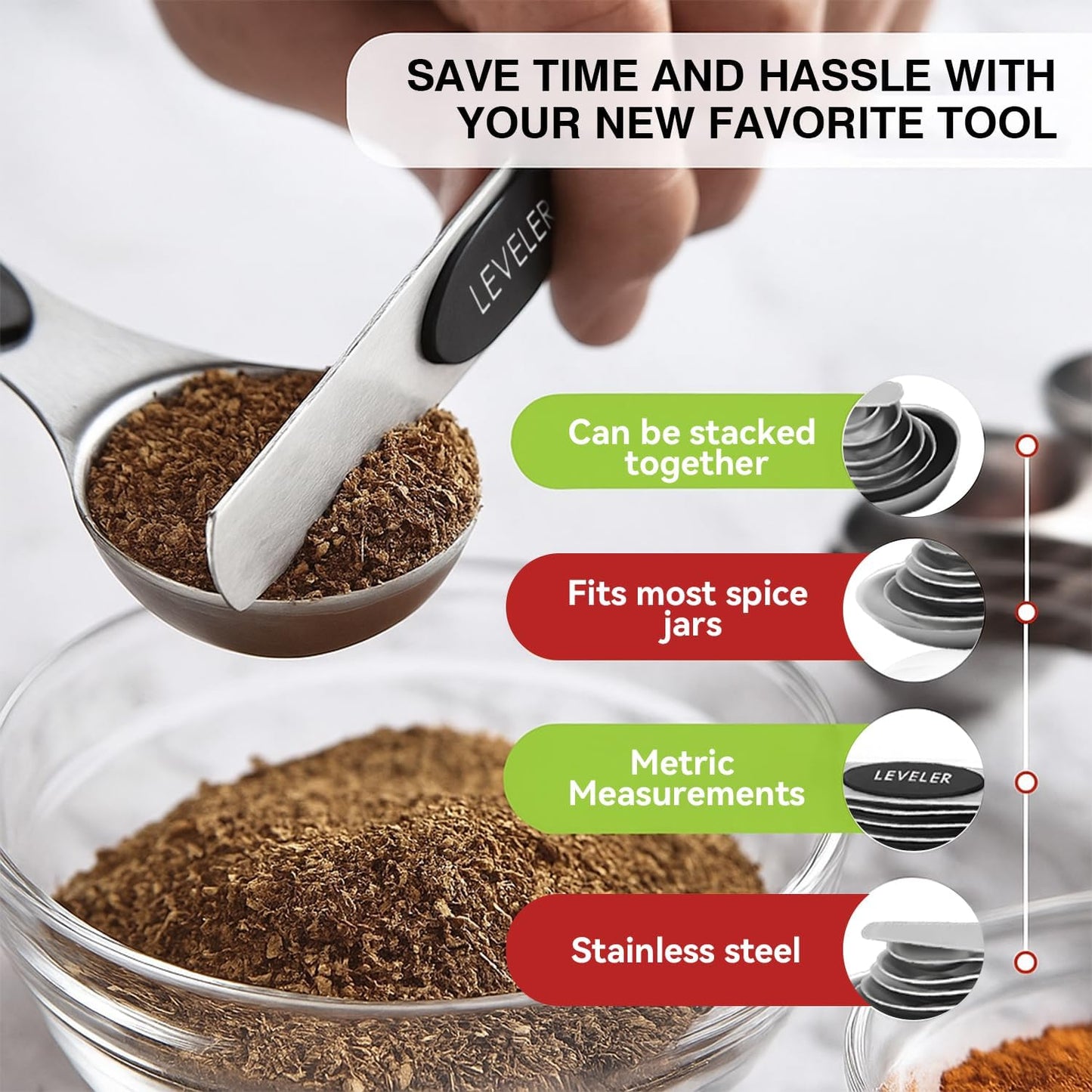 Magnetic Measuring Spoons Set with Strong N45 Magnets, Heavy Duty Stainless Steel Metal, Fits in Most Kitchen Spice Jars for Baking & Cooking, BPA Free, Set of 7 with Leveler, Black