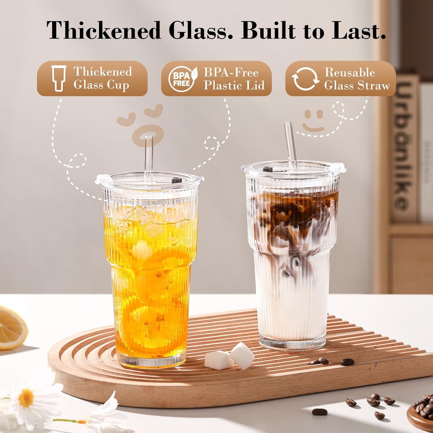 20Oz Glass Tumblers with Straws and Lids, Ribbed Iced Coffee Cups Leak-Proof, Dishwasher Safe, Thickened Glass Cups with Lids Ideal for Coffee and Travel, Clear, 4 Pack