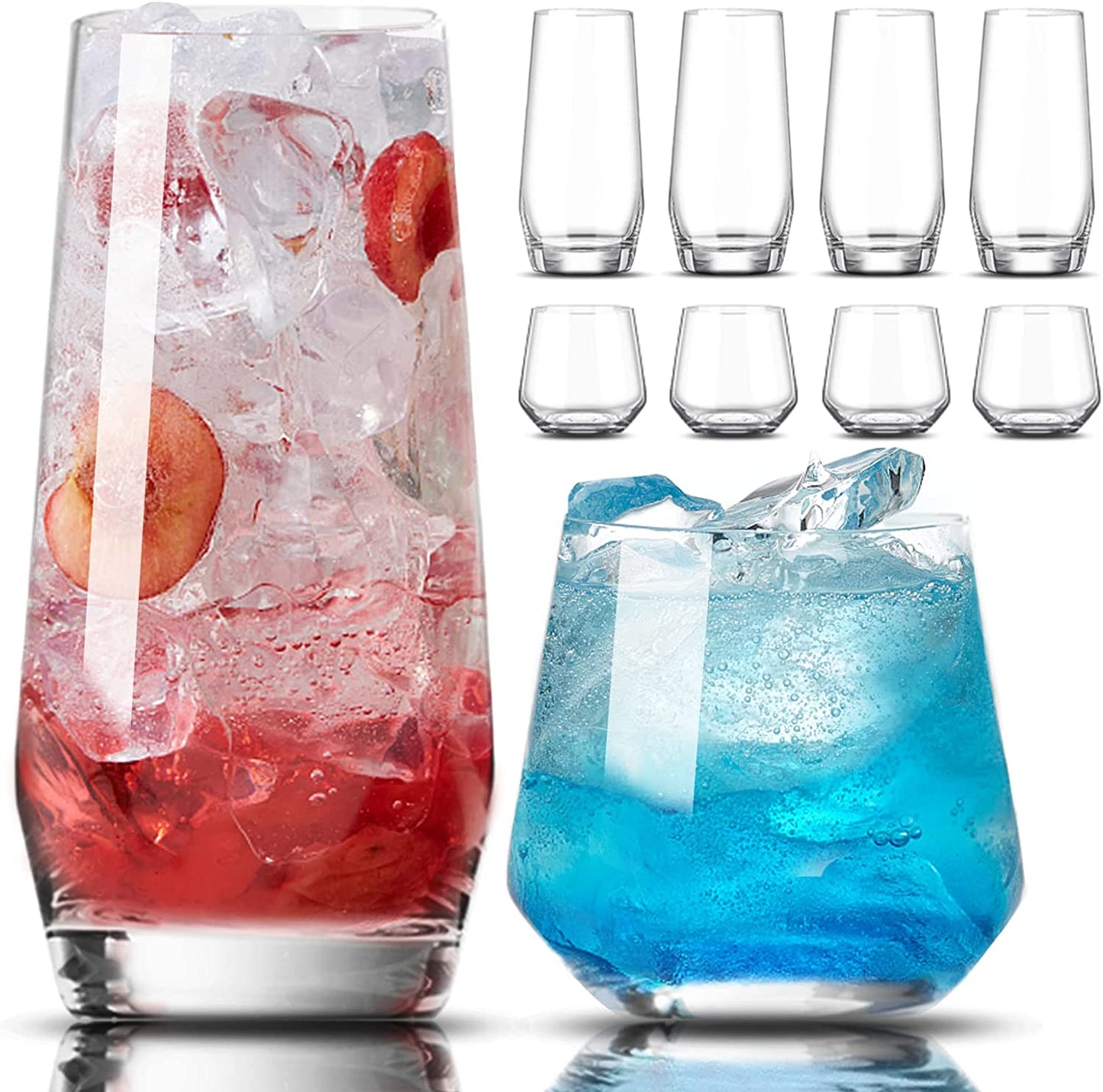 Drinking Glasses Set of 8-4 Tall Glass Cups 18 Oz & 4 Short Stemless Wine Glasses 13 Oz, Highball Glasses, Glassware Sets for Cocktail, Beer, Wine, Whiskey, Water & Juice Drinkware