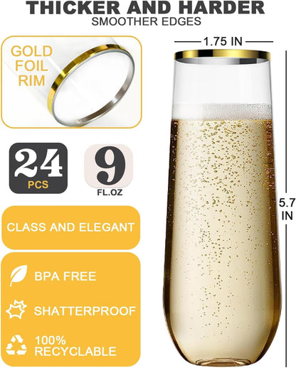 24 Pack Champagne Flutes Plastic, 9 Oz Disposable Stemless Mimosa Gold Rim Toasting Glasses, Clear Crystal Plastic Cocktail Cups for Bridal Shower Wedding Party Birthday Mimosa Bar