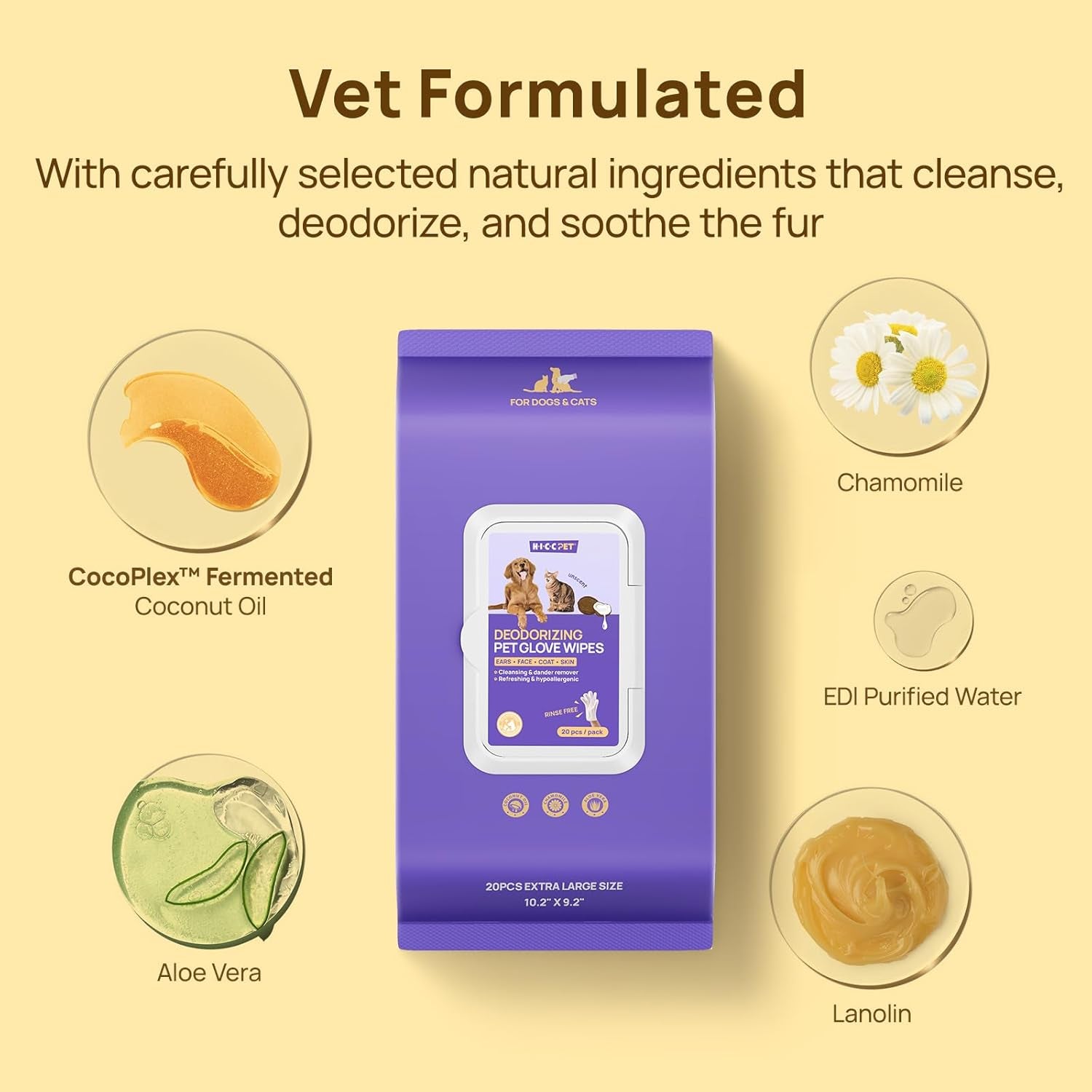 Dog Wipes Cleaning Deodorizing Glove Wipes for Dogs, Cats & Horses, Vet Recommended Hypoallergenic Hydrating & Nourishing Pet Wipes for Eyes, Ears, Butt & Paws, No-Rinse, 6Pcs Coconut Scent