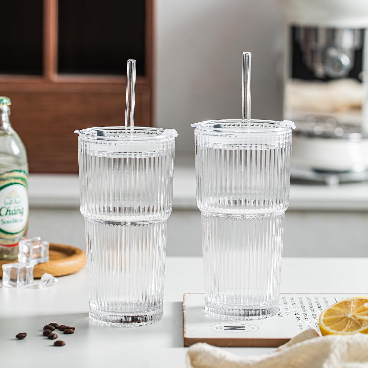 20 Oz Ribbed Glass Tumblers with Lids and Glass Straws – 4-Piece Glassware Set, Thickened Wall, Ideal for Iced Coffee, Smoothies, Cocktails, and Juices – Elegant and Durable Drinkware