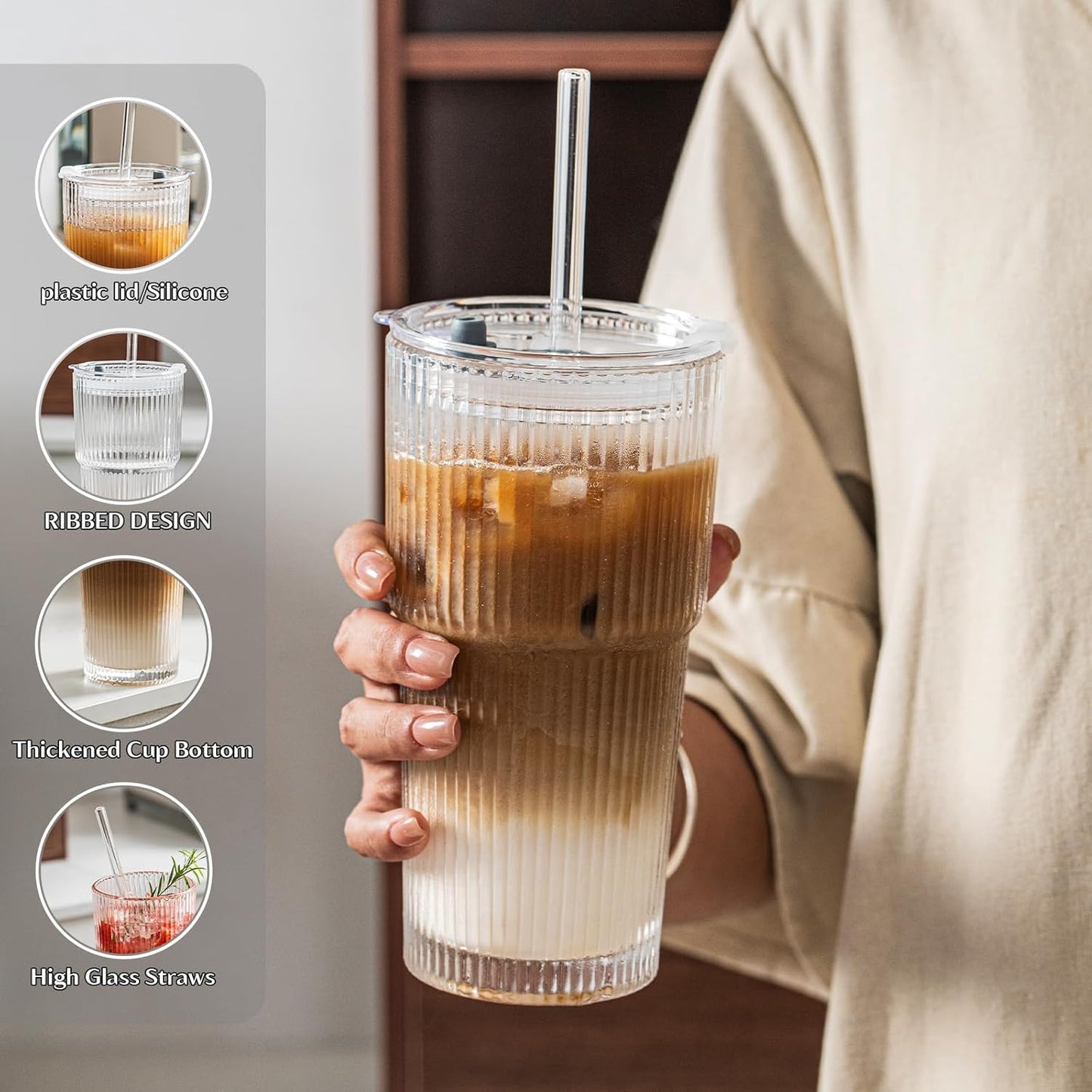 20 Oz Ribbed Glass Tumblers with Lids and Glass Straws – 4-Piece Glassware Set, Thickened Wall, Ideal for Iced Coffee, Smoothies, Cocktails, and Juices – Elegant and Durable Drinkware