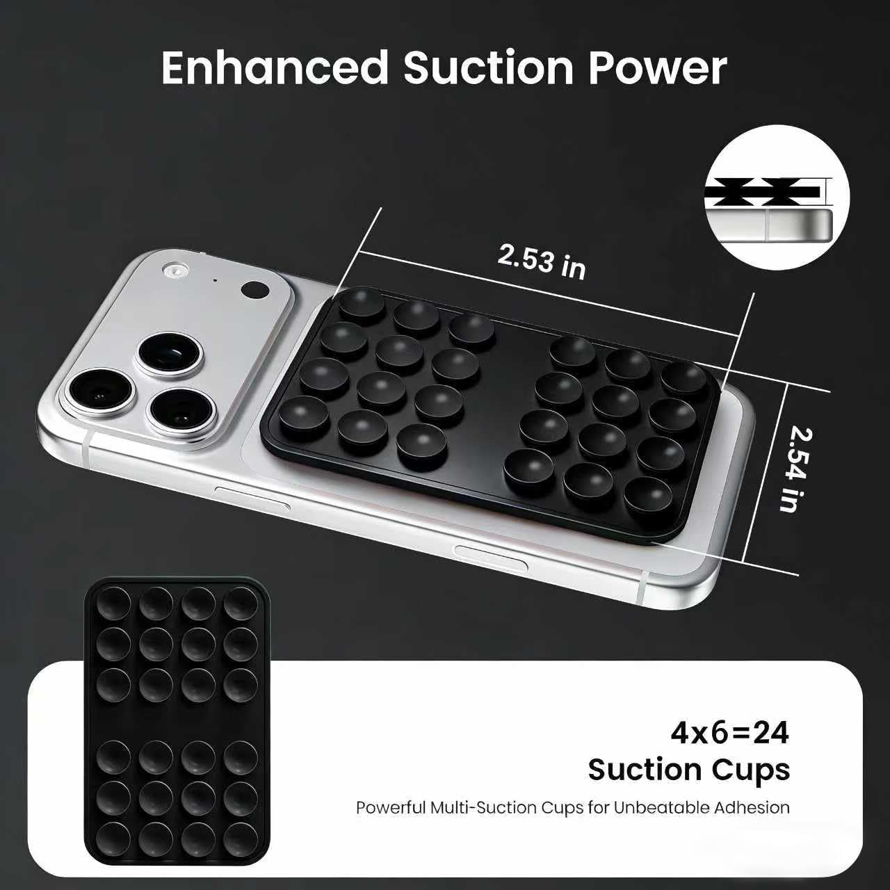 Upgraded Double Sided Silicone Suction Cup Phone Case Mount, Sticky Phone Grip Holder for Hands-Free Selfes & Videos, Reusable Silicone Phone Suction Grip for Iphone & Android, Black
