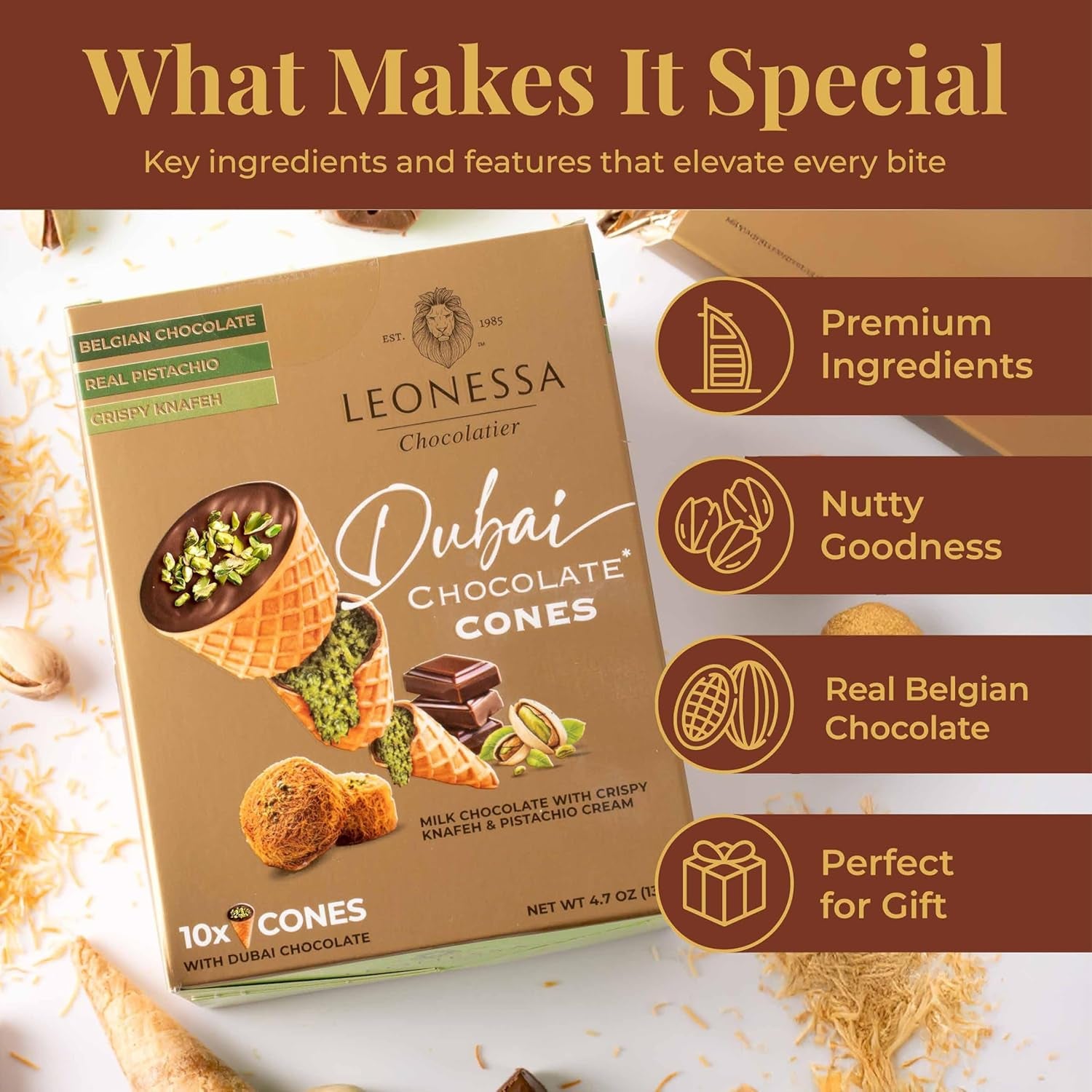 Dubai Chocolate Cones with Pistachio Kunafa | Made with Premium Belgian Chocolates | Kunafa Chocolate | Chocolates De Dubai - 4.7 Oz